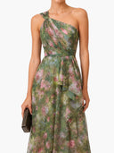Elegant Floral Print One-Shoulder Chiffon Ruffle Midi Cocktail Dress