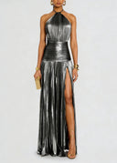 Elegant Metallic Pleated Halter Neck Maxi Dress
