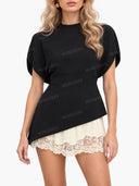 Boat Collar Irregular Hem Shirt And Lace Shorts Set