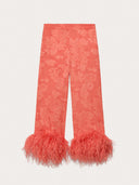Elegant Feather Trim Jacquard Wrap Blouse & Pants Two-Piece Set