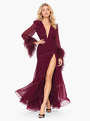 Feather Design Front Slit Maxi Dress