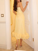 Elegant Sweetheart Ruffle Hem Satin Maxi Dress