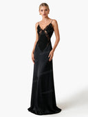 Elegant Satin Lace Patchwork Backless Maxi Dress
