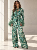 Exquisite Watercolor Print Feather Cuff Tie Shirt & Wide-Leg Pants Two-Piece Set