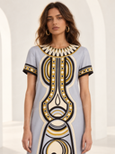 Retro Geometric Ethnic Print Short Sleeve Straight Maxi Dress