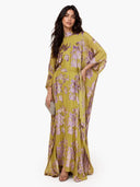 Elegant High Neck Flocked Floral Tie-Waist Kaftan Dress