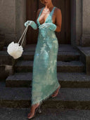 Elegant V-Neck Sequined Maxi Dress