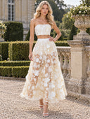 Elegant Strapless Floral Lace Crop Top & Maxi Skirt Two-Piece Set