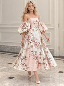 Elegant Floral Print Off-Shoulder Puff Sleeve Midi Dress