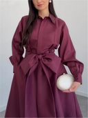 Elegant Satin Shirt Collar Tie-Waist Maxi Dress