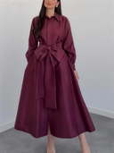 Elegant Satin Shirt Collar Tie-Waist Maxi Dress
