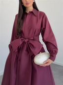 Elegant Satin Shirt Collar Tie-Waist Maxi Dress