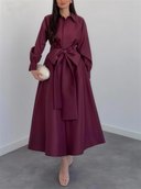 Elegant Satin Shirt Collar Tie-Waist Maxi Dress