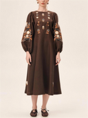 Botanical Embroidered Puff Sleeve Midi Dress